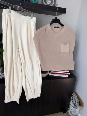 Lillusory  Beige Knit Pocket Sweater Vest with Cream Knit Lounge Pants in size M
